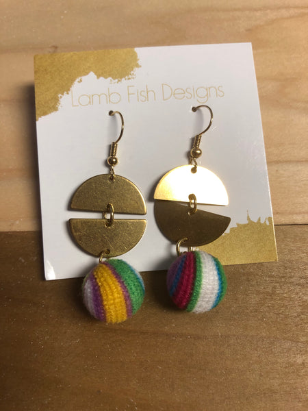 Gold Disc Earrings with Multi-Yarn Drop accents