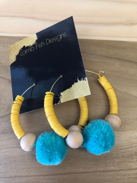 Yellow bead/Turqouise pom hoops