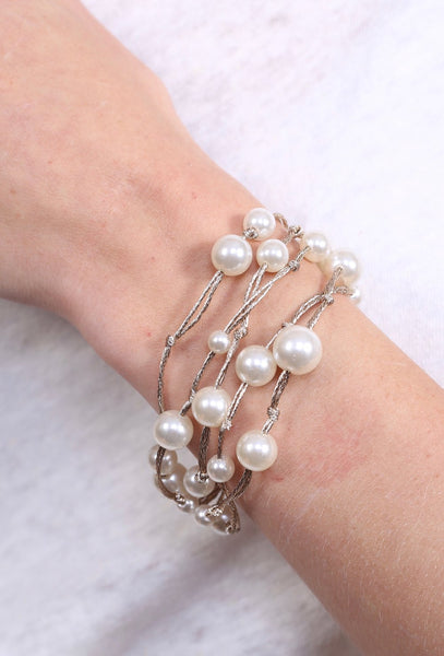 Metallic thread and pearl multi-strand bracelet with magnetic closure -gold
