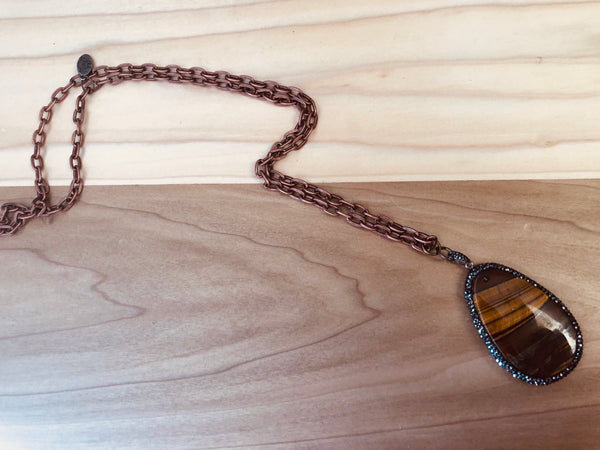 Copper chain w/ rhinestone agate pendant