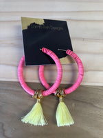 Pink beads/yellow tassels hoop earrings