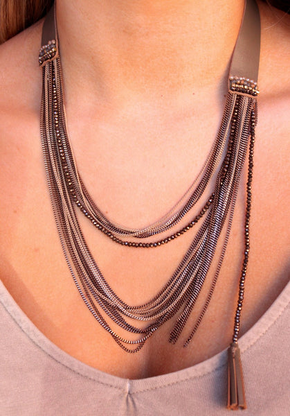 Leather strap w/ multi layer chains and bead/tassel -brown